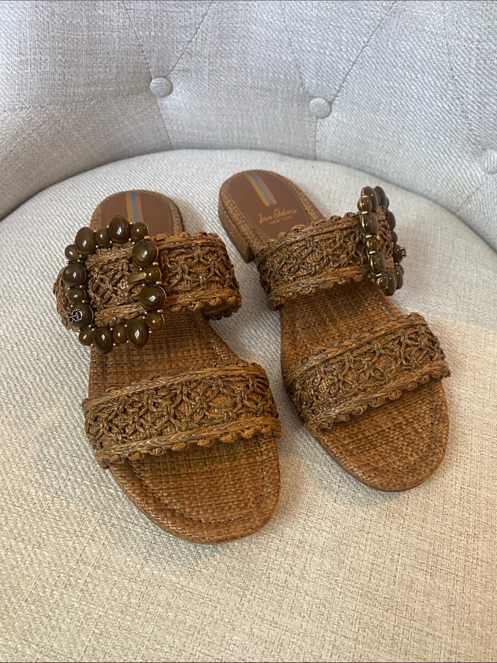 Sam Edelman Tan Braided Slide Sandals with Beaded Buckle